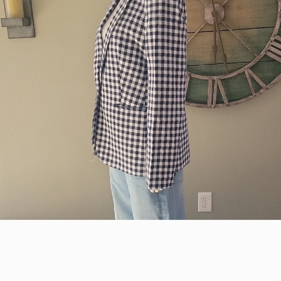 J. Crew Factory Linen Blend Navy And White Gingham Single Button Blazer - Picture 3 of 11
